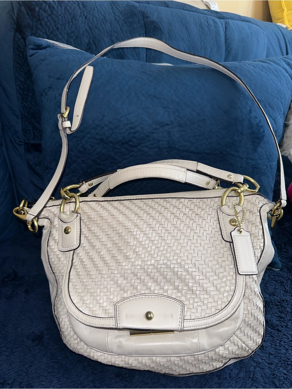 Coach Cream Woven Leather Shoulder Bag with Gold Hardware